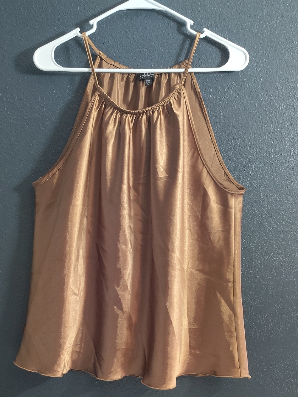 Nicole Miller Bronze Satin Elegant Silky Glossy Babydoll Halter Cami Top